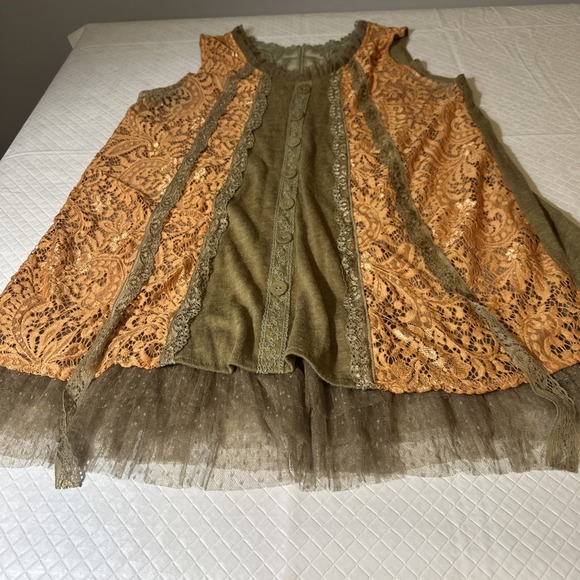 Pretty Angel Sz XL Sleeveless Top Taupe Lace Linen Boho Regency Victorian Lace - Picture 4 of 16